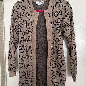 EUC JFJ Knits Vintage long tan / black design Sweater Cardigan Size Medium